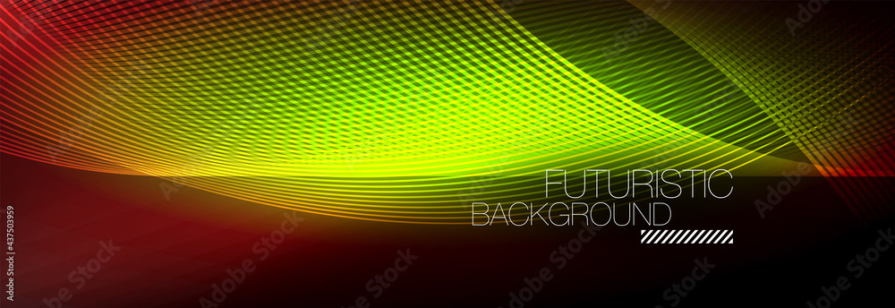 Abstract neon glowing light in the dark with waves. Shiny magic energy and motion concept, vector abstract wallpaper background Abstract neon glowing light in the dark with waves. Shiny magic energy and motion concept, vector abstract wallpaper background