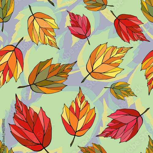 Falling autumn leaves seamless pattern. Colored foliage boundless background. Bright fall endless texture. Red  yellow  orange  green  brown  leaves repeating surface design. Colorful autumn backdrop.