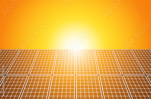 Solar panels 3D background, orange sun and solar energy produstion plant vector illustration.