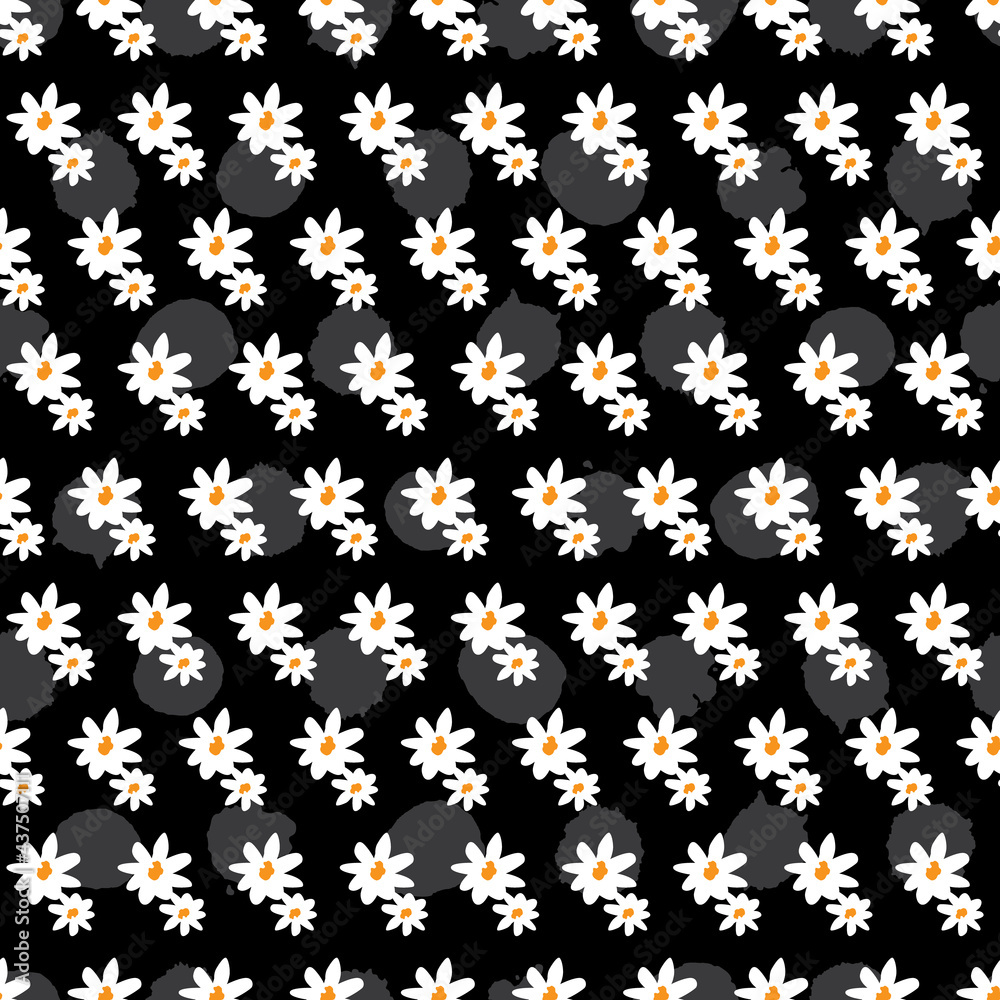 Vector black and white double small fun daisy flowers repeat pattern with grey polka dot background. Suitable for textile, gift wrap and wallpaper.