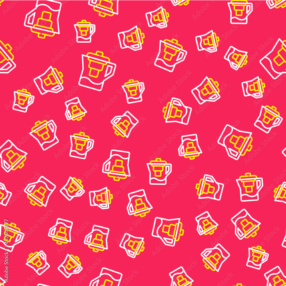 Line Water jug with a filter icon isolated seamless pattern on red background. Vector