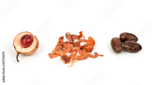 Fresh nutmeg ,dried mace and seeds  isolated on white background. photo