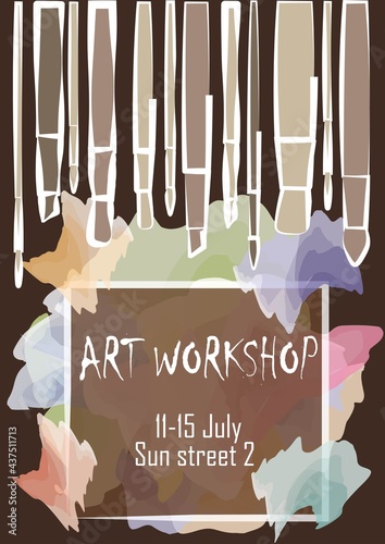 Art painting workshop banner template flyer. Flat vector illustration of different sized brushes. Poster for event, workshop, course for web, online class. 