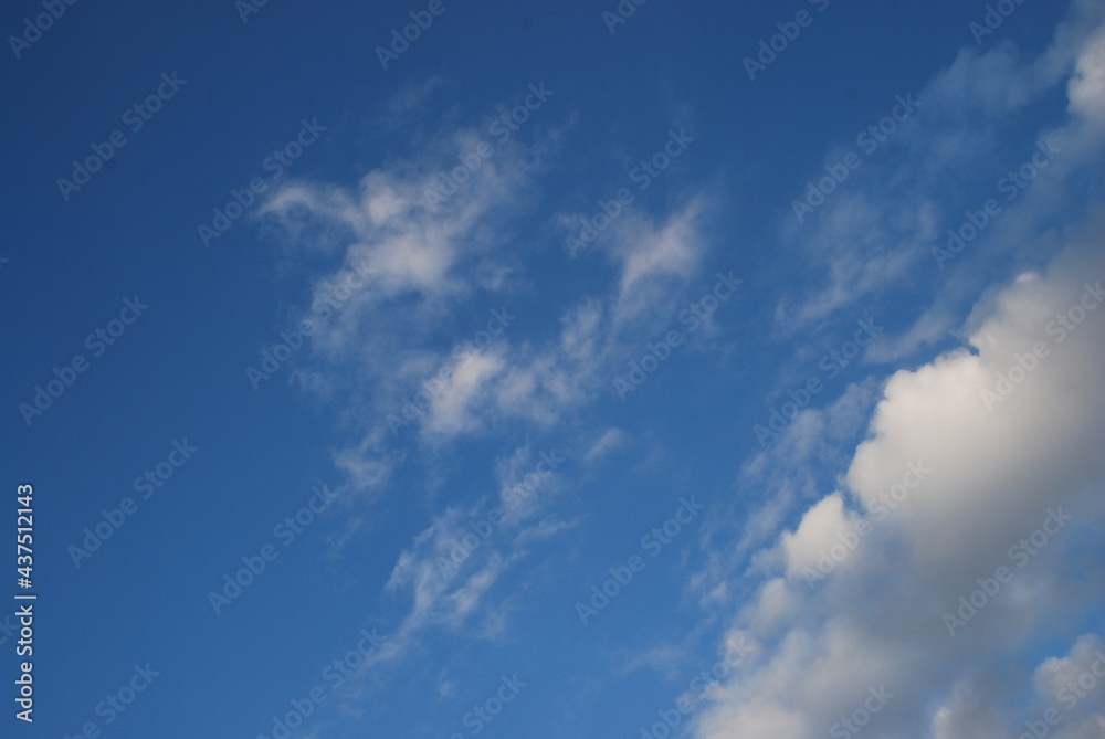 Cumulus white-gray clouds in the sky. On a light blue sky, clouds of different shapes and volumes float in height. The color of the clouds changes from white to gray.
