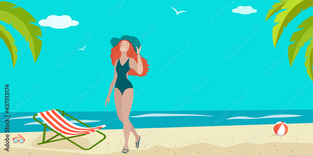 Summer illustration of a woman in a swimsuit and a hat on the seashore. Vector banner of a holiday on the sandy beach.