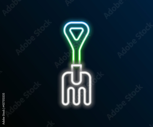 Glowing neon line Garden rake icon isolated on black background. Tool for horticulture, agriculture, farming. Ground cultivator. Colorful outline concept. Vector