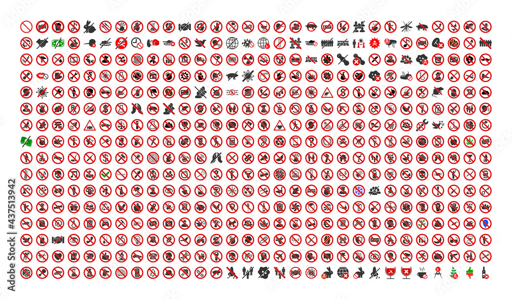 480 forbidden icons in flat style. 480 forbidden icons is a vector icon set of law, restriction, rules, fail, safety, instruction symbols. These simple pictograms designed for control and law purposes - obrazy, fototapety, plakaty 