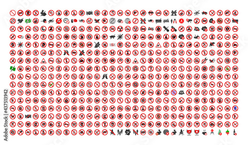 480 forbidden icons in flat style. 480 forbidden icons is a vector icon set of law, restriction, rules, fail, safety, instruction symbols. These simple pictograms designed for control and law purposes photo
