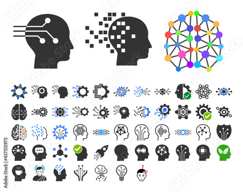 50 intellect icons in flat style. 50 intellect icons is a vector icon set of brain, AI, logic, memory, analytics, strategy symbols. These simple symbols designed for education and artificial