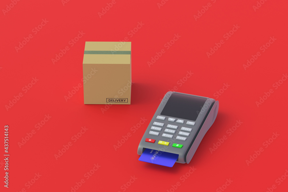 Compact cash register with a plastic card near cardboard boxes. Cashless payment for delivery of parcel. Instant transactions for transportation of goods. Wholesale and retail purchases. 3d render Compact cash register with a plastic card near cardboard boxes. Cashless payment for delivery of parcel. Instant transactions for transportation of goods. Wholesale and retail purchases. 3d render