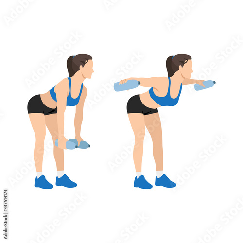 Woman doing Bent over water bottle flies exercise. Flat vector illustration isolated on white background