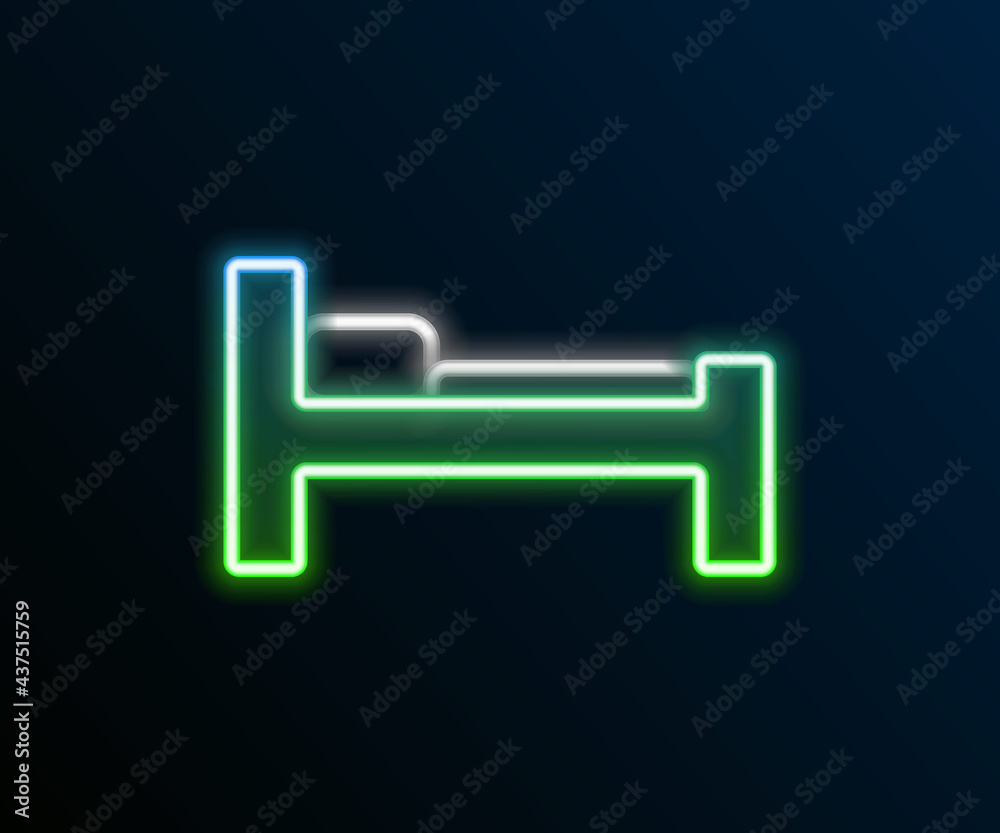 Glowing neon line Bed icon isolated on black background. Colorful outline concept. Vector Glowing neon line Bed icon isolated on black background. Colorful outline concept. Vector