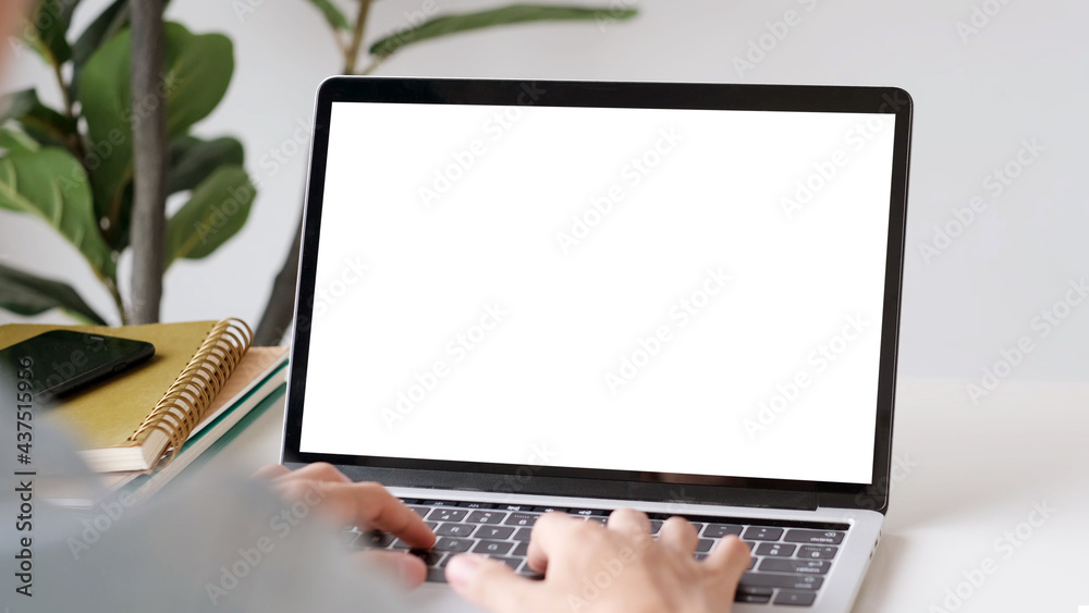 Laptop computer screen mockup, template background, Man hand typing laptop computer with blank screen, Business online, e commerce, online study concept - obrazy, fototapety, plakaty 