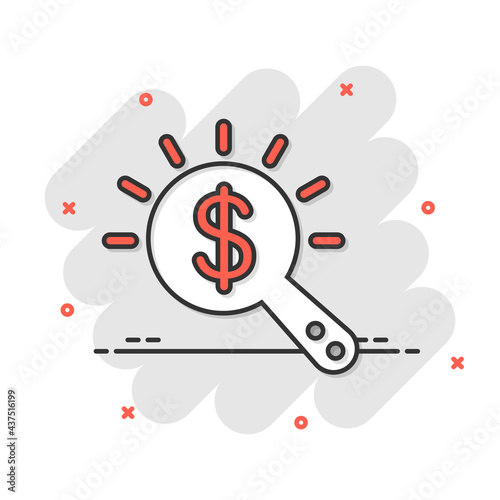 Magnifier glass with money icon in comic style. Dollar search cartoon vector illustration on white isolated background. Financial currency splash effect business concept.