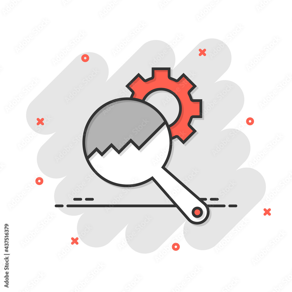 Loupe with gear icon in comic style. Magnifying glass cartoon vector illustration on white isolated background. Seo exploration splash effect business concept.