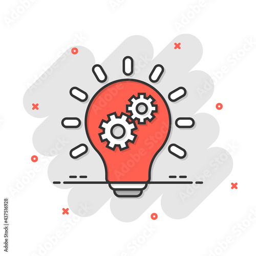 Innovation icon in comic style. Lightbulb with cogwheel cartoon vector illustration on white isolated background. Idea splash effect business concept.
