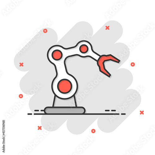 Robot arm icon in comic style. Mechanic manipulator cartoon vector illustration on white isolated background. Machine splash effect business concept.
