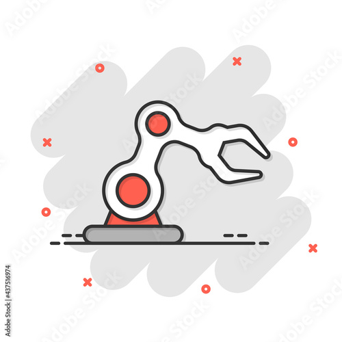 Robot arm icon in comic style. Mechanic manipulator cartoon vector illustration on white isolated background. Machine splash effect business concept.