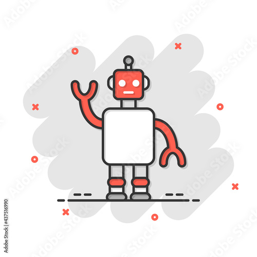 Cute robot chatbot icon in comic style. Bot operator cartoon vector illustration on white isolated background. Smart chatbot character splash effect business concept.