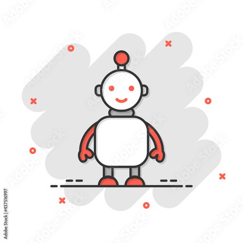 Cute robot chatbot icon in comic style. Bot operator cartoon vector illustration on white isolated background. Smart chatbot character splash effect business concept.