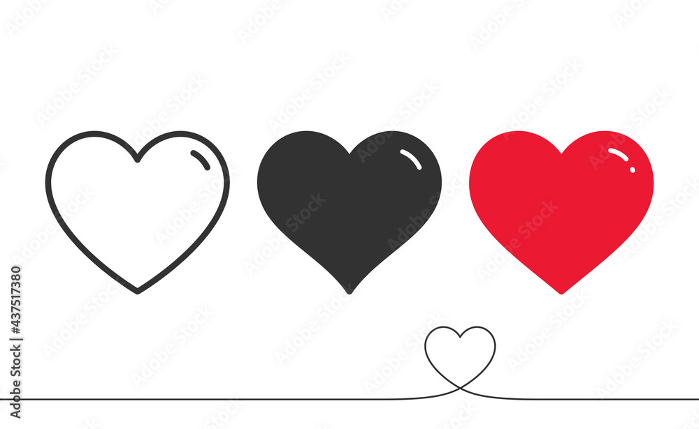 Heart icons vector set. Perfect love continuous line symbol. Valentine day isolated red heart icon. Romantic love pattern with continuous line. Happy Valentine day heart set. Vector