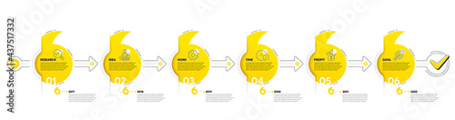 Quotation bookmarks timeline with icons. 6 steps journey path of business project process. Infographic quote design template. Business journey path. Quotation bookmark timeline. Vector chart