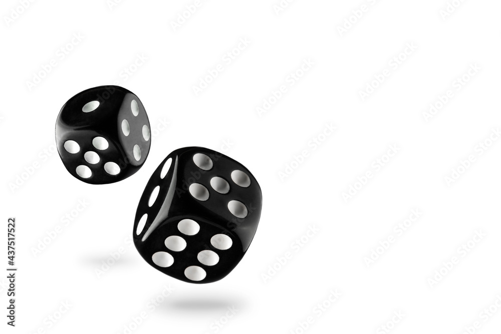black dice with white dots, isolate on a white background for clipping, bet leisure fortune black dice with white dots, isolate on a white background for clipping, bet leisure fortune