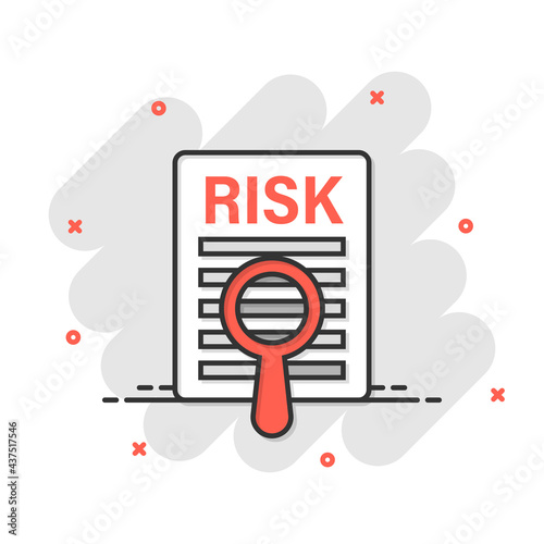 Risk level icon in comic style. Result cartoon vector illustration on white isolated background. Assessment splash effect business concept.