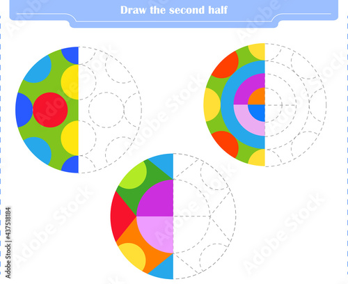  Educational game for children. Circle and color the second part of the shapes.