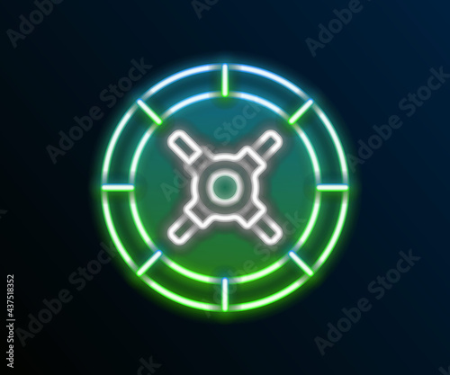 Glowing neon line Safe icon isolated on black background. The door safe a bank vault with a combination lock. Reliable Data Protection. Colorful outline concept. Vector