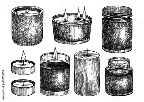 Hand-sketched aromatic candles collection. Vector illustrations of burning tallow, wax, paraffin candles. For aromatherapy, hygge home or holiday decoration, meditation. Vintage design elements