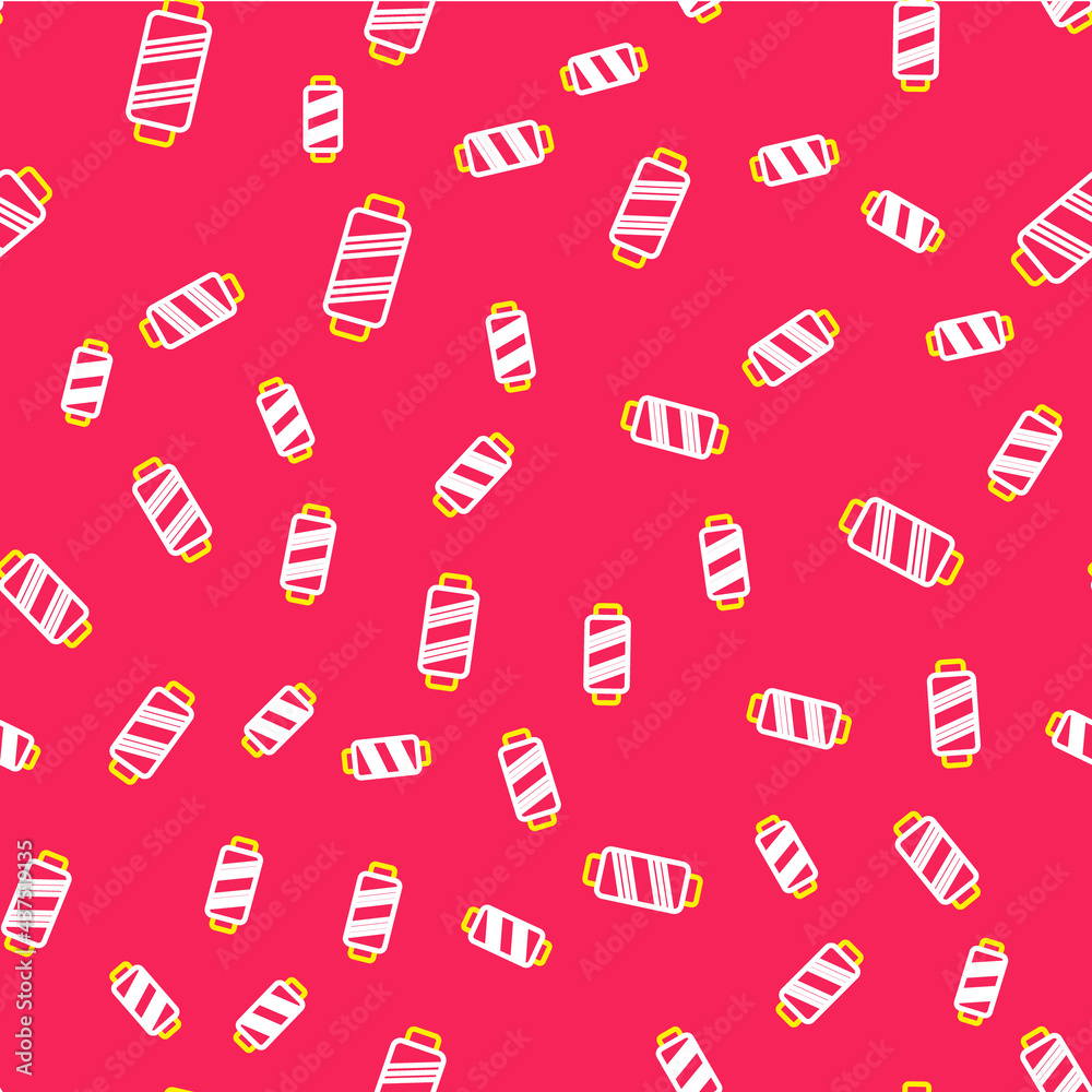 Line Sewing thread on spool icon isolated seamless pattern on red background. Yarn spool. Thread bobbin. Vector Line Sewing thread on spool icon isolated seamless pattern on red background. Yarn spool. Thread bobbin. Vector