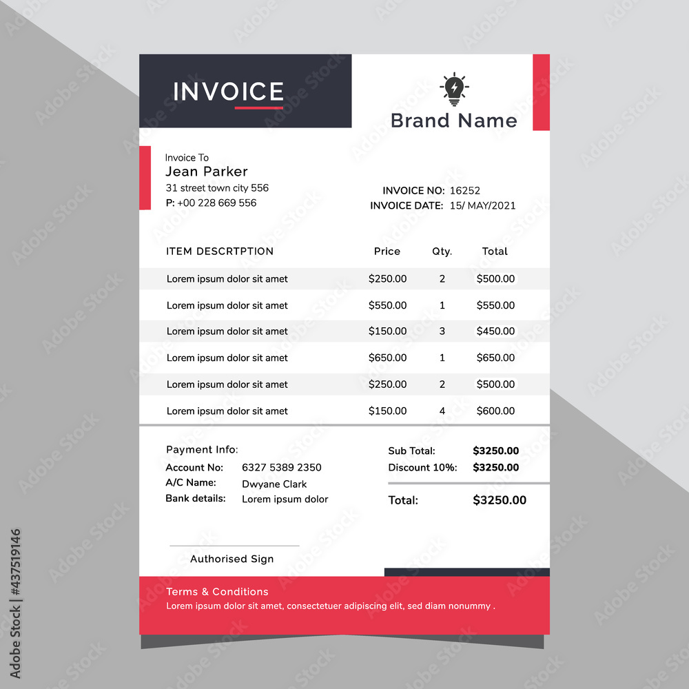 Business invoice design in red and black Business invoice design in red and black
