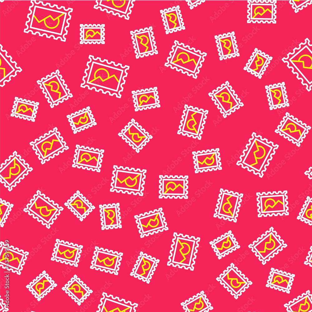 Line Postal stamp icon isolated seamless pattern on red background. Vector