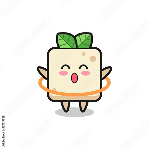 cute tofu cartoon is playing hula hoop