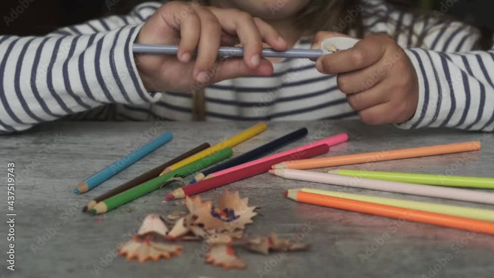Little girl sharpens colored pencils