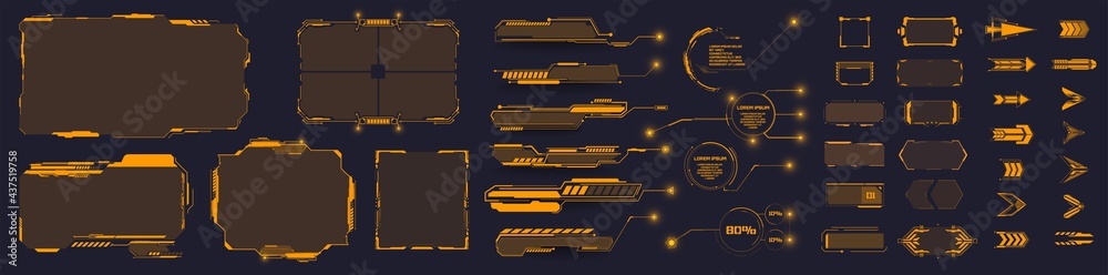 Set of Sci Fi Modern  GUI, HUD, UI futuristic elements. Callouts, buttons,frame,  futuristic bar labels, information call box bars, arrows. Navigation elements for game. Vector illustration