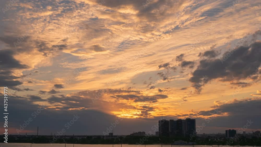 Beautiful summer sunset. Movement of clouds in the evening sky View from the river embankment. Timelapse. 4K Beautiful summer sunset. Movement of clouds in the evening sky View from the river embankment. Timelapse. 4K