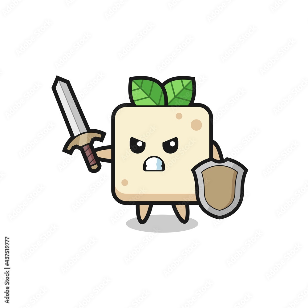 cute tofu soldier fighting with sword and shield