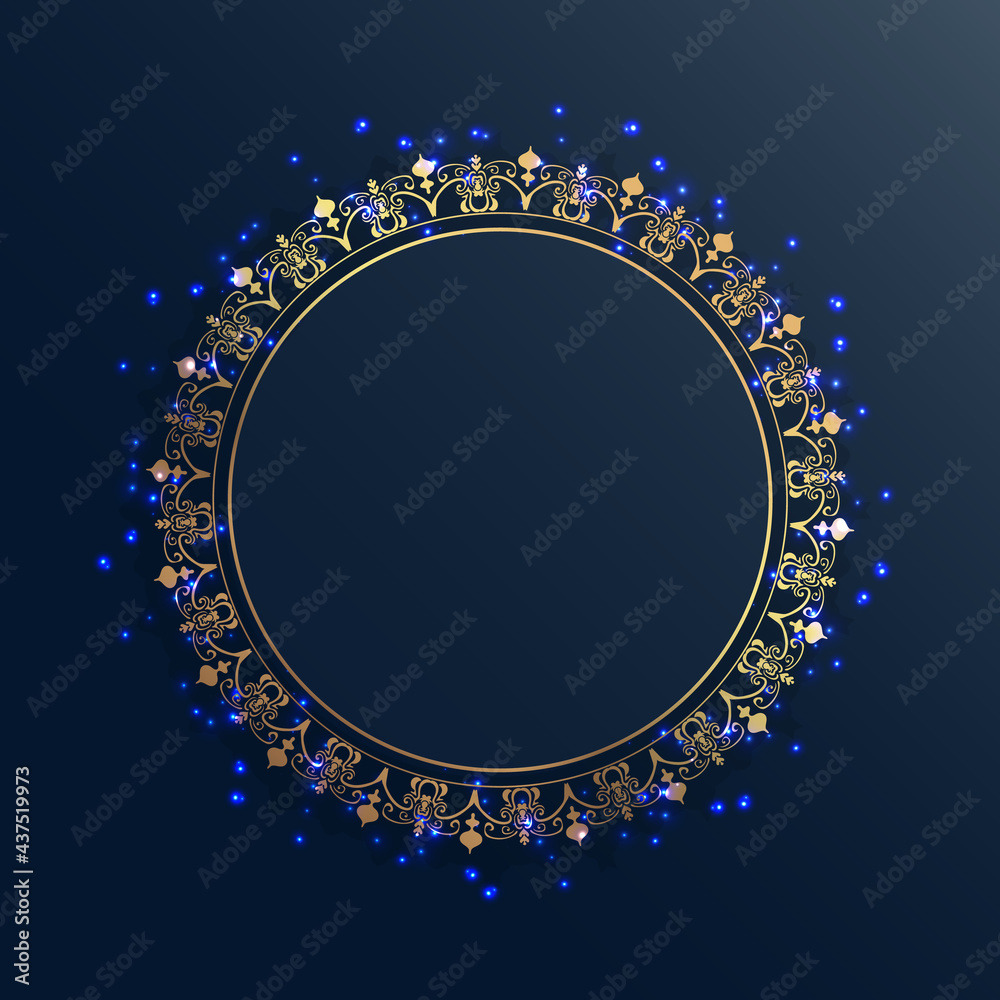 Gold frame on a dark background. Circle in gold ornament on a dark blue background. Glowing sparks and dots. Place for your text. Gold frame on a dark background. Circle in gold ornament on a dark blue background. Glowing sparks and dots. Place for your text.