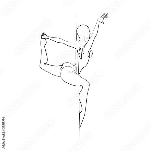 Pole dance illustration for fitness, striptease dancers, exotic dance. Dancing girl beautiful female abstract silhouette continuous line drawing, tattoo, print for clothes and logo, isolated vector.