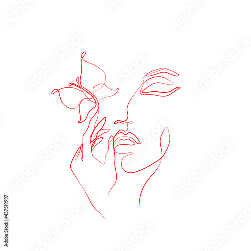 Abstract female silhouette, girl with butterfly, continuous line drawing, print for clothes and logo design, small tattoo, emblem or logo design, isolated vector illustration. © Anastasiia