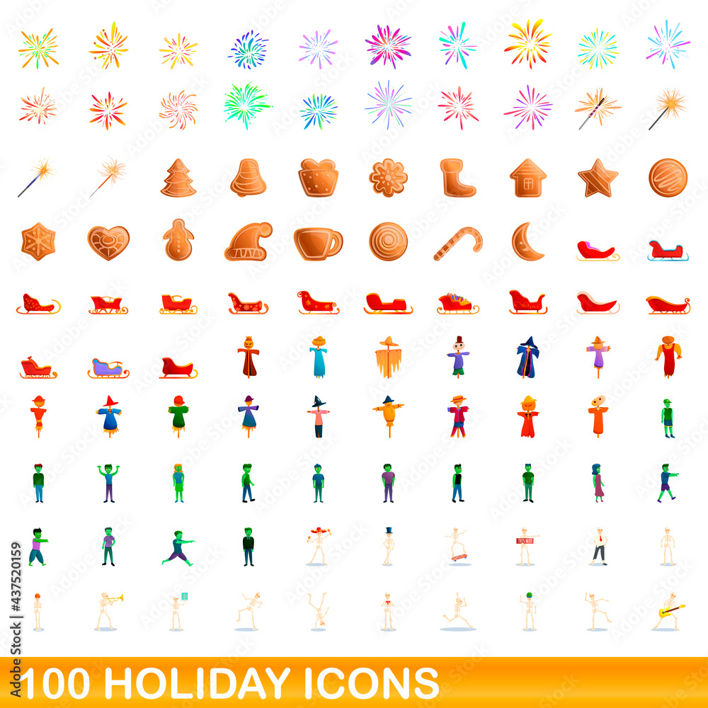 100 holiday icons set. Cartoon illustration of 100 holiday icons vector set isolated on white background 100 holiday icons set. Cartoon illustration of 100 holiday icons vector set isolated on white background