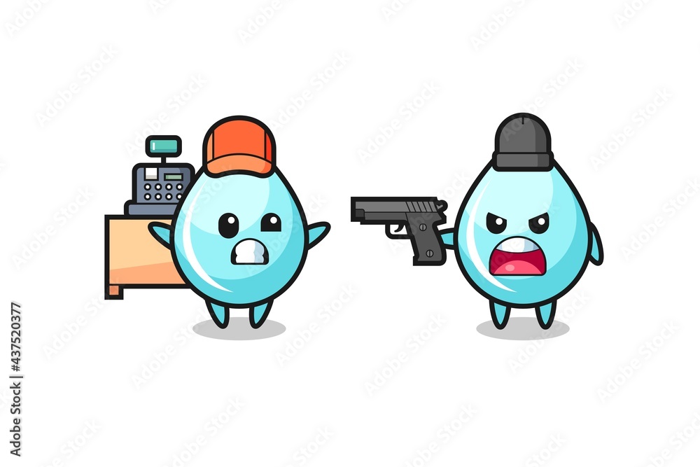 illustration of the cute water drop as a cashier is pointed a gun by a robber