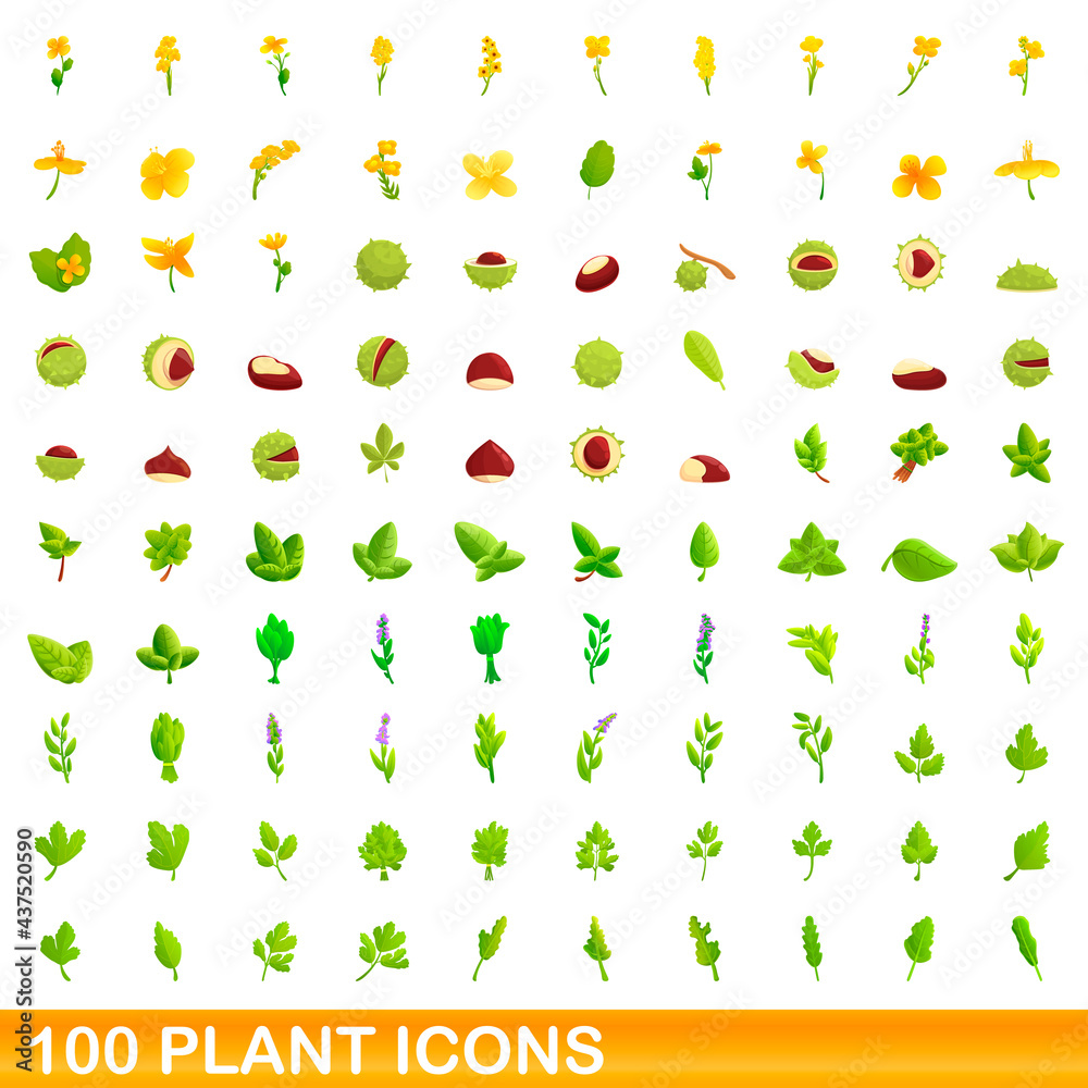 Naklejka premium 100 plant icons set. Cartoon illustration of 100 plant icons vector set isolated on white background