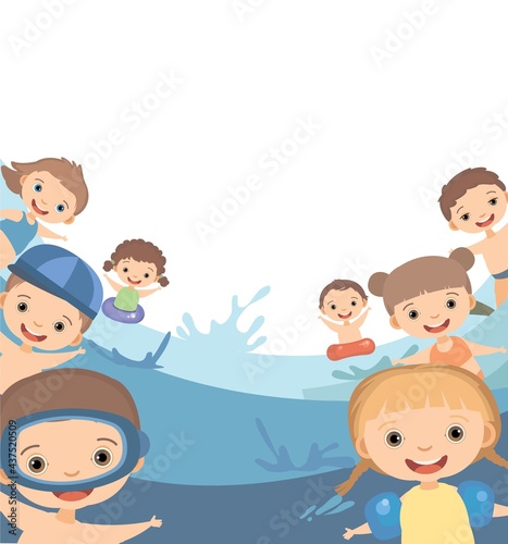 Children fun and splashing in water. Waves. Swimming  diving and water sports. Pool or beach. Isolated on white background. Illustration in cartoon style. Flat design. Vector art