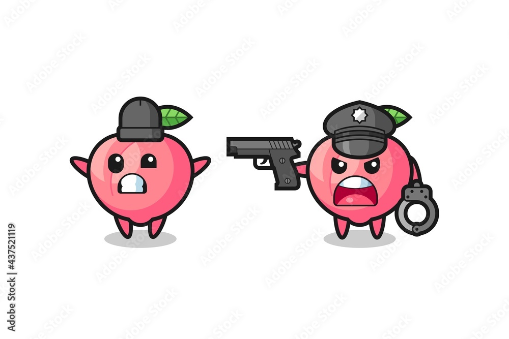 illustration of peach robber with hands up pose caught by police