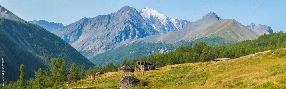 Farm in the mountains of Altai, old house in the mountains, panorama