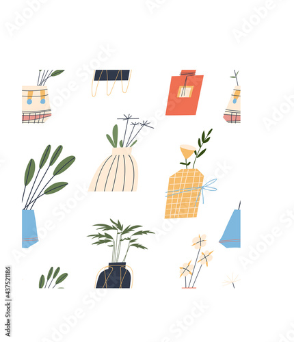 Seamless pattern of flower vases with plants. White background, flat style, vector.