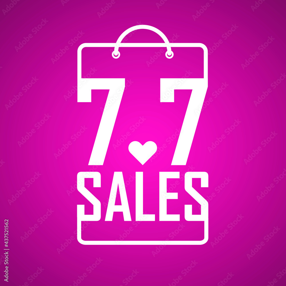 A vector and abstract picture of 7.7 sales in paper bag shape on purple and pink background. Single digit day sales with better offer to give A vector and abstract picture of 7.7 sales in paper bag shape on purple and pink background. Single digit day sales with better offer to give